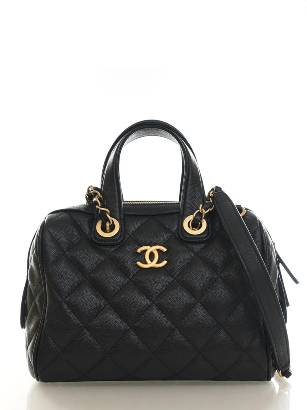 CHANEL 2024 Quilted Caviar Skin Leather Bowling Bag Satchel with Gold Hardware!